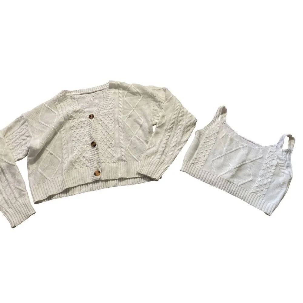White Cropped Knit Cardigan and Tank Set Women’s Size S